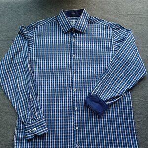 Bugatchi Uomo Shirt Mens Large Blue Plaid Cotton Flip Cuff Classic Fit Button-U